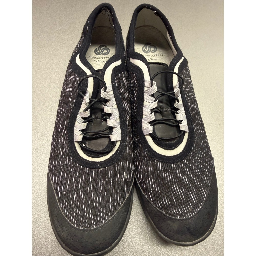 Clarks Cloudsteppers Sillian Tino Womens Black White Pinstripe Walking Shoes - Picture 1 of 9